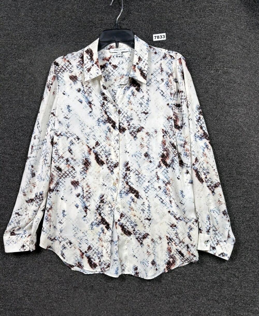 Rose + Olive Snake Print Button Up Shirt Womens Size L White Multi Long Sleeve